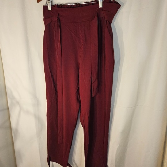 Paper‎ Bag Waist Pants High Rise Ankle Tie Burgundy Casual Size S - Picture 1 of 9